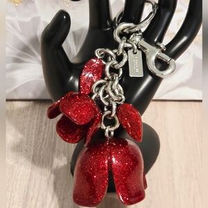 Coach Red Glitter Tea Rose Bag Charm Keychain Silver New